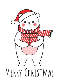 Cute Hand Drawn Christmas Polar Bear Holding Present Box