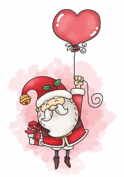 Watercolor Santa Claus With Present And Balloon