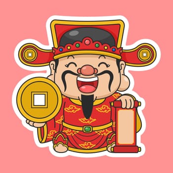 Cute Chinese New Year Fortune God Holding Gold Coin And Scroll