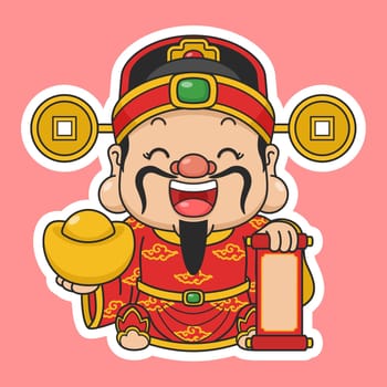Cute Chinese New Year Fortune God Holding Gold Money And Scroll