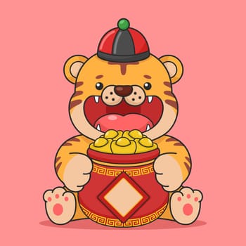 Cute Chinese New Year Tiger Holding Gold Money Pot