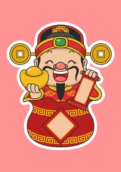 Cute Chinese New Year Fortune God Holding Gold Money And Scroll In Bag