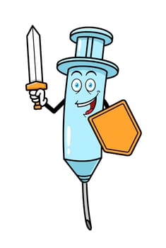 Cartoon Vaccine Syringe WIth Sword And Shield
