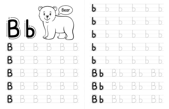 ABC AAlphabets Tracing Book Interior For Kids. Children Writing Worksheet With Picture. Premium Vector Elements Letter B.