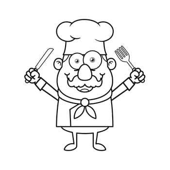 Black And White Chef Mascot Logo Cartoon Character Holding Fork And Knife