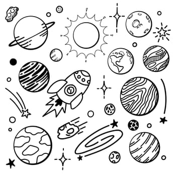 Freehand Handdrawn Planet And Space Doodle Elements Set Pack. Premium Vector.