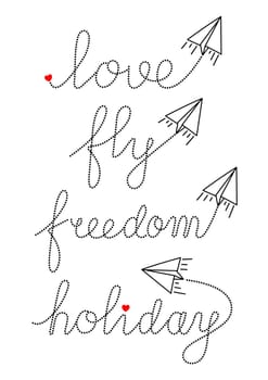 Freehand Handdrawn Valentines Day Hand Writting Doodle Calligraphy With Paper Plane Set. Premium Vector.
