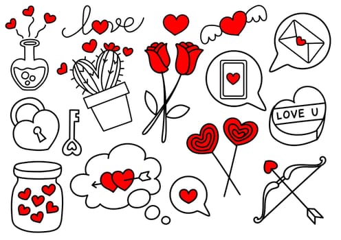 Freehand Handdrawn Valentines Day Elements Doodle. Premium Vector