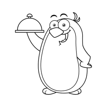 Cartoon Penguin Mascot Character Holding Plate Outline