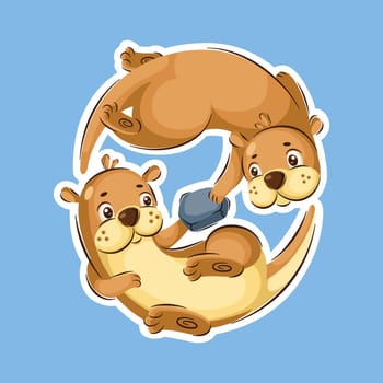 Cute Otter Couple Cartoon Characters In Sticker Style Premium Vector Graphic