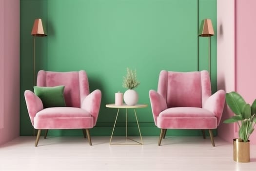 interior carpet mock up room sofa decor home pink simple wall trendy. Generative AI.