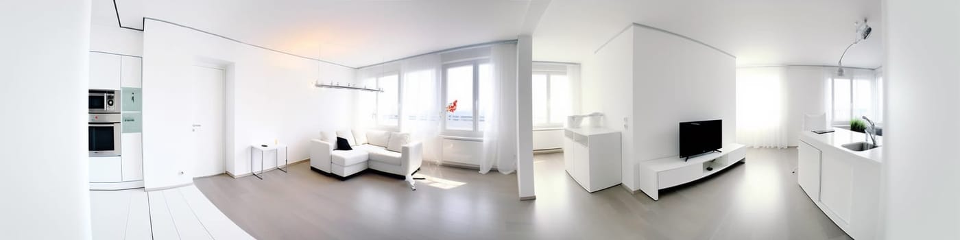 interior loft d white wall step lcd design kitchen flat table carpet. Generative AI.