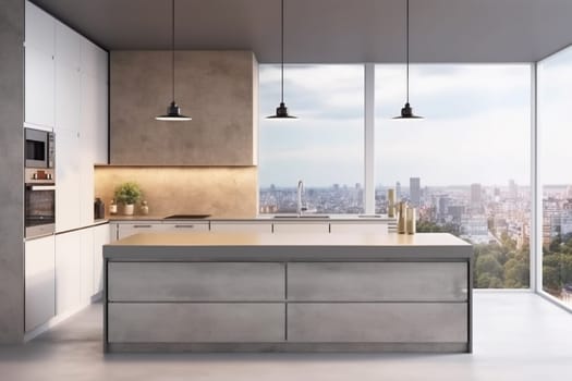 interior cabinet appliance kitchen luxury window hardwood gray modern nobody contemporary. Generative AI.