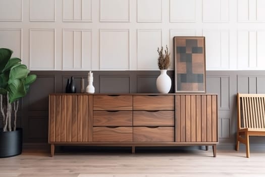 interior background wood three-dimensional lamp hardwood poster chest of drawers classic design home. Generative AI.