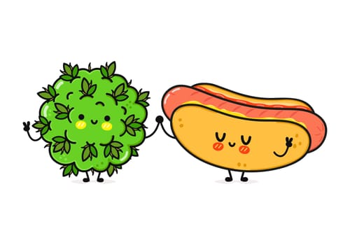 Hot dog and marijuana weed bud character. Vector hand drawn cartoon kawaii characters, illustration icon. Funny cartoon happy hot dog and marijuana weed bud friends