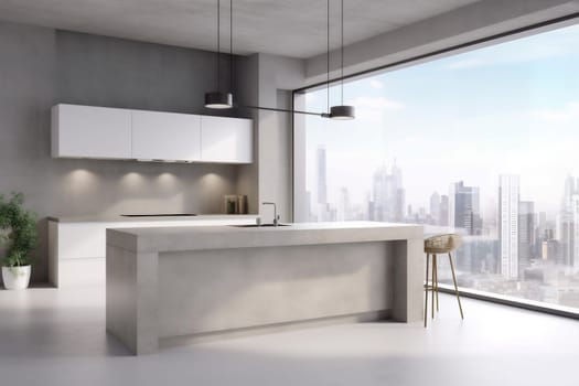 interior design kitchen island appliance modern floor concrete render beige style contemporary. Generative AI.