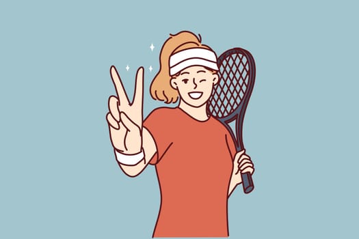 Woman tennis player demonstrates victory gesture before tournament or championship