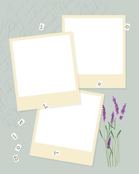 Photobook Collage vintage, template social stories layout, banner and advertising design, brochure. Watercolor lavender hand drawn. Vector illustration