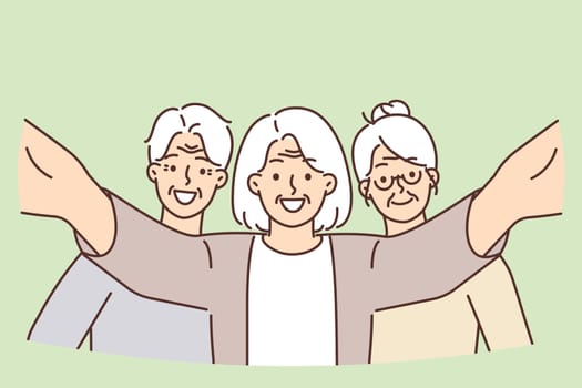 Smiling elderly people posing taking selfie together video active lifestyle and enjoying retirement