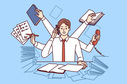 Multi-armed man multitasking with documents and talking on phone sitting in office