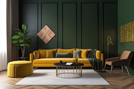 interior lounge brick yellow three-dimensional decoration light decor lifestyle loft. Generative AI.