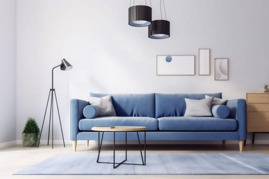 interior background blue design living pillow three-dimensional brick living room trendy. Generative AI.