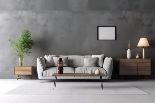 interior background wall three-dimensional carpet living design sofa decoration pillow comfortable. Generative AI.