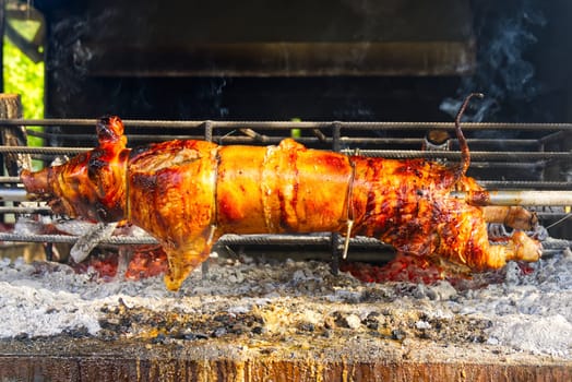 Whole pig spit roasted. Pig roasted on a barbecue spit. Outdoor Barbecue grill in open bbq pit.