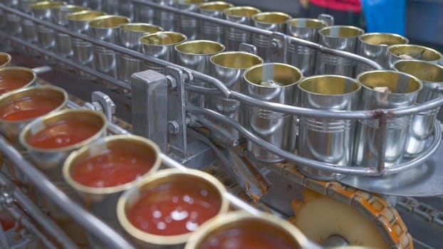 Canned fish factory. Food industry.  Many can of sardines on a conveyor belt. Sardines in red tomato sauce in tinned cans at food factory. Food processing production line. Food manufacturing industry.