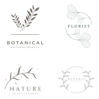 Natural botanical logo organic design with leaves, flowers, stems. With a minimalist outline, elegant.Suitable for beauty products, badges, weddings and business.