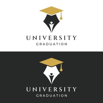 Creative design of student education logo with a sign of a hat, book, pencil or pen. Inspired by graduating students. Logo for universities, education academies and schools.