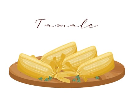 Tamale, dough with meat in corn leaves on a clay plate, Latin American cuisine. National cuisine of Mexico. Food illustration, vector