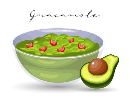Avocado Guacamole Sauce with Tomatoes and Onions, Latin American Cuisine. National cuisine of Mexico. Food illustration, vector