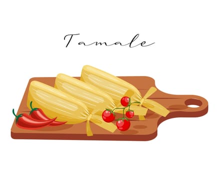 Tamale, dough with meat in corn leaves, Latin American cuisine. National cuisine of Mexico. Food illustration