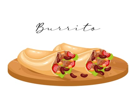 Burrito, tortillas with meat and beans on a wooden tray, latin american cuisine. National cuisine of Mexico. Food illustration, vector