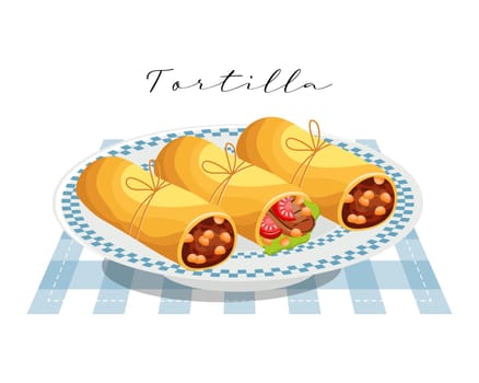 Tortilla with meat and vegetables on a plate, latin american cuisine. National cuisine of Mexico. Food illustration, vector