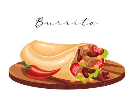 Burrito, tortillas with meat and beans on a wooden tray, latin american cuisine. National cuisine of Mexico. Food illustration, vector