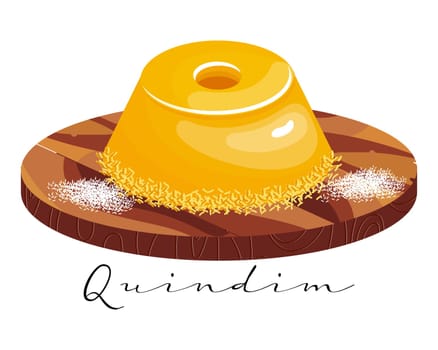 Baked dessert Quindim with coconut flakes, Latin American sweet. National cuisine of Brazil. Food illustration