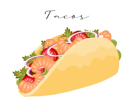 Shrimp and vegetable tacos, Latin American cuisine. National cuisine of Mexico. Food illustration