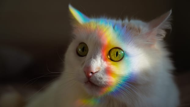 White fluffy cat with a rainbow of light on its face.