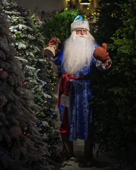 Russian Santa Claus in the store of artificial Christmas trees.