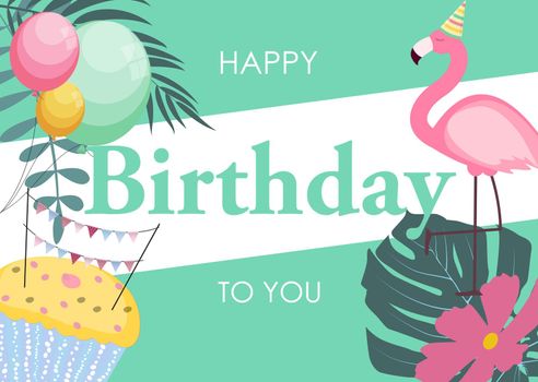 Birthday Card with Flamingo, Balloons and Palm Leaves, Congratulation Template Vector Illustration