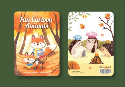 Cover book template with autumn animal concept,watercolor style