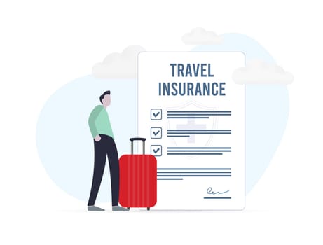 Secure travel with insurance. Protection for life and property during travel. Man with luggage suitcase and travel insurance document in the background. Ensure peace of mind on your journey.