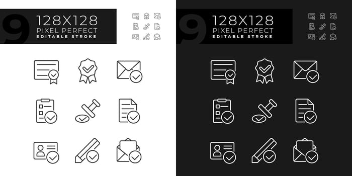 Checkmarks in business and education pixel perfect linear icons set for dark, light mode. Approved data signs. Thin line symbols for night, day theme. Isolated illustrations. Editable stroke