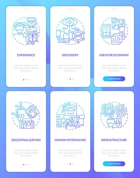 Layers of metaverse technology blue gradient onboarding mobile app screens set
