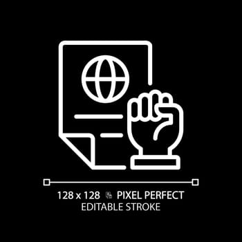 Rights protecting law pixel perfect white linear icon for dark theme