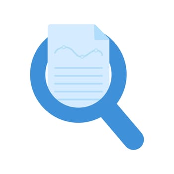 Analyzing audit review or business document vector icon flat cartoon, concept of evaluation or assessment sales report research, verification or inspection of results data, strategy control modern