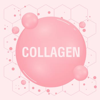 Pink collagen serum or essence bubble, cosmetic product advertising background. Beauty treatment nutrition skin care design. Vector illustration