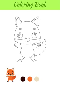 Coloring page happy fox. Coloring book for kids. Educational activity for preschool years kids and toddlers with cute animal. Vector stock illustration.